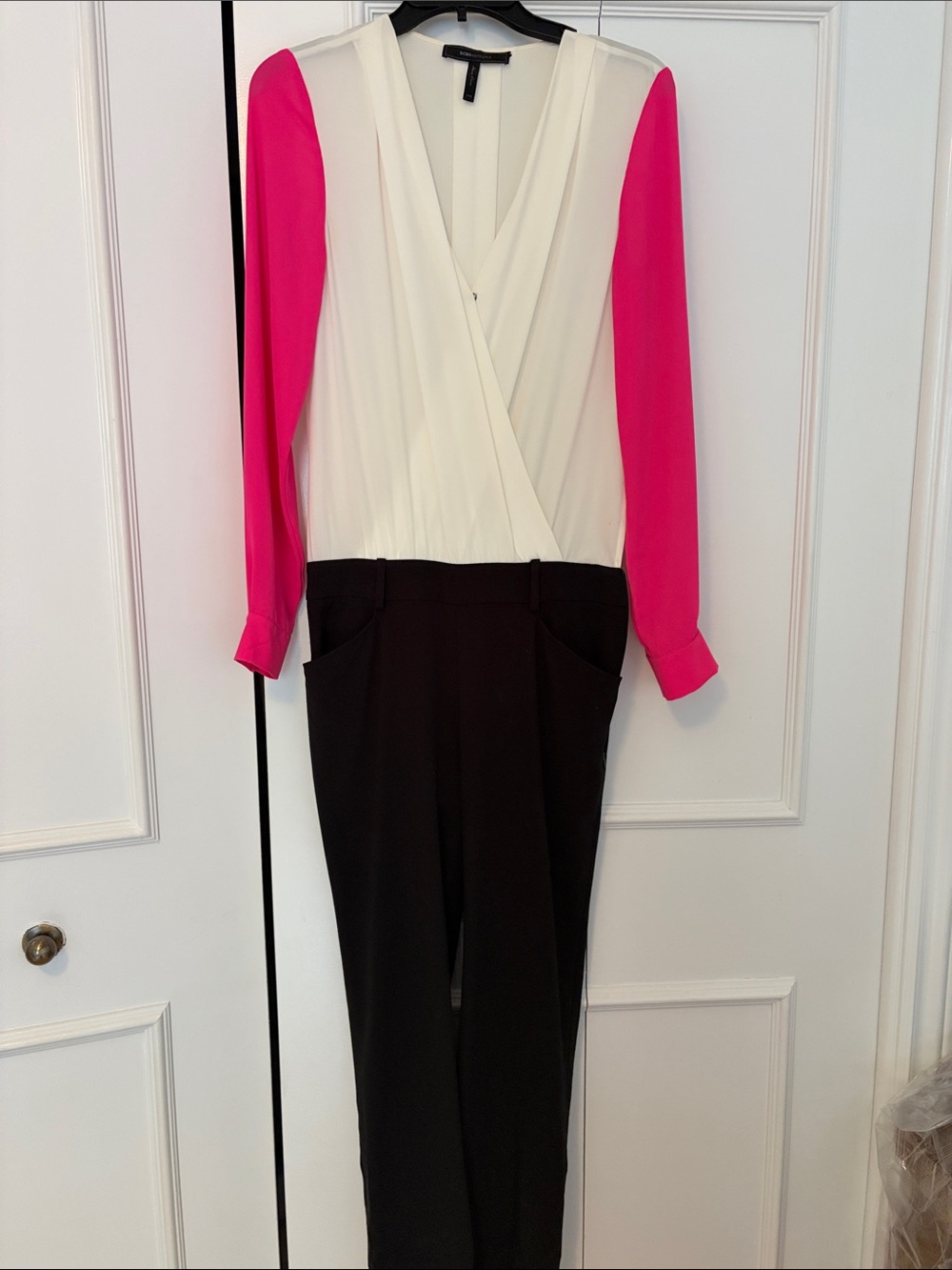BCBGMaxAzria White, Hot Pink & Black Colorblock V-Neck Jumpsuit